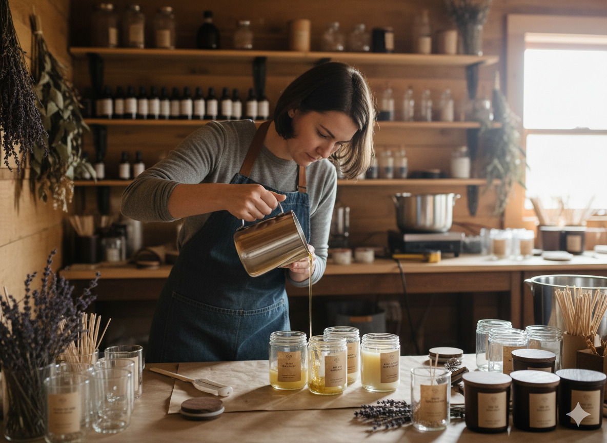Hand-pouring candles in workshop